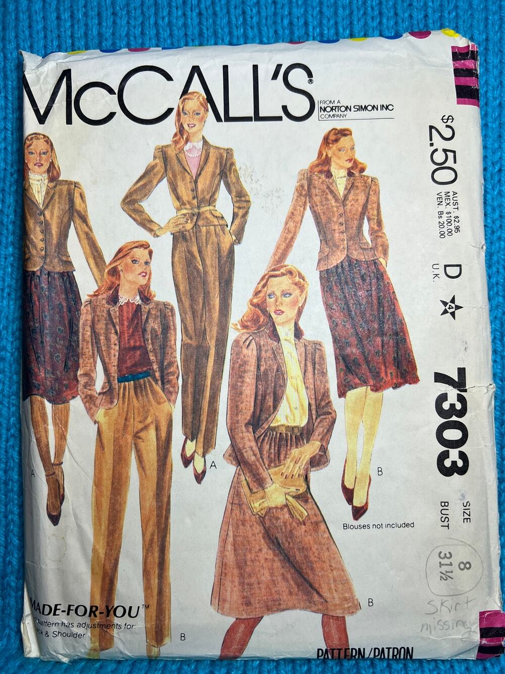 McCalls 7303 Sewing pattern suit blazer pant 1980s size 8
